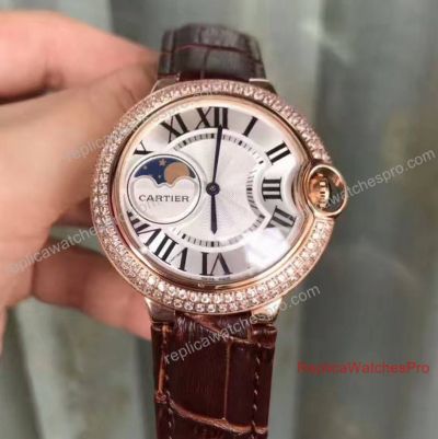 Fake Cartier Ballon Bleu De Cartier Moonphase Rose Gold Silver Face Diamond Bezel Watch